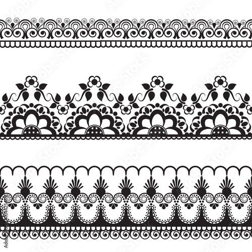 border pattern line lace elements with flowers in Indian mehndi style for card and tattoo isolated on white background.