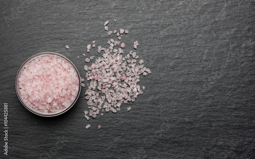 Pink Himalayan salt crystals in a glass bowl