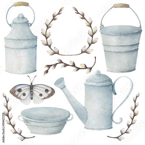 Garden tools with buttrefly and brunches of willow
