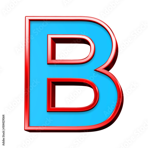 One letter from blue glass with red frame alphabet set, isolated on white. Computer generated 3D photo rendering.
