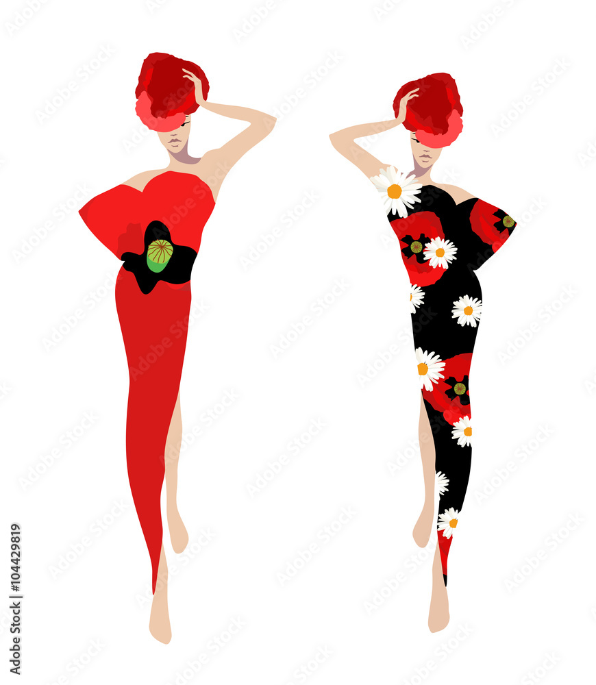 Abstract sketch of the models in floral dresses (poppy, chamomile). Fashion show, spring-summer, logo, Isolated on white Abstract sketch of the models in floral dresses (poppy, chamomile). Fashion show, spring-summer, logo, Isolated on white