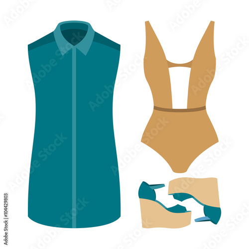 Set of trendy women's clothes. Outfit of woman swimsuit, dress and accessories. Women's wardrobe. Vector illustration