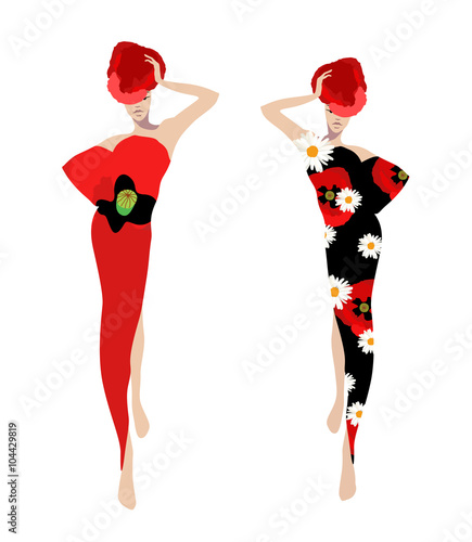 Abstract sketch of the  models in floral dresses (poppy, chamomile). Fashion show, spring-summer, logo, Isolated on white