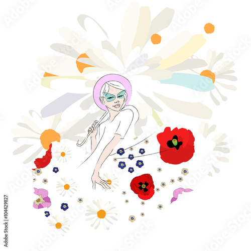 Abstract sketch of teen girl in a white dress with flowers and umbrella of daisies, spring summer fashion, isolated on white