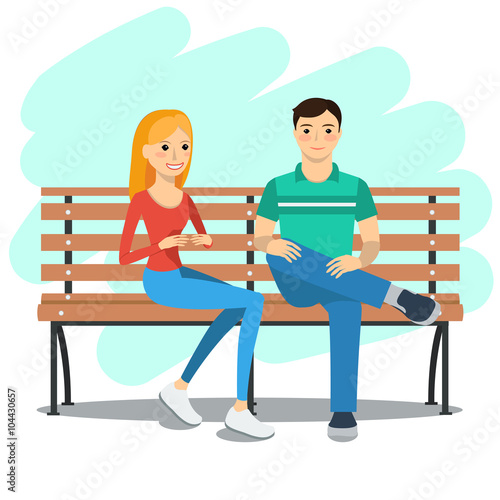 Illustration of young couple.  Young couple sitting on a bench and talking. Rest and outdoor quiet time. Vector illustration. 