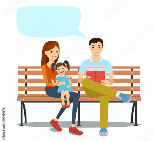 Illustration of young family with daughter.  Young family sitting on a bench with daughter. Rest and outdoor quiet time. Vector illustration. 
