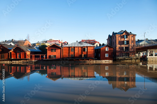 Porvoo, Finland. Classic old wood houses and their reflection in river
