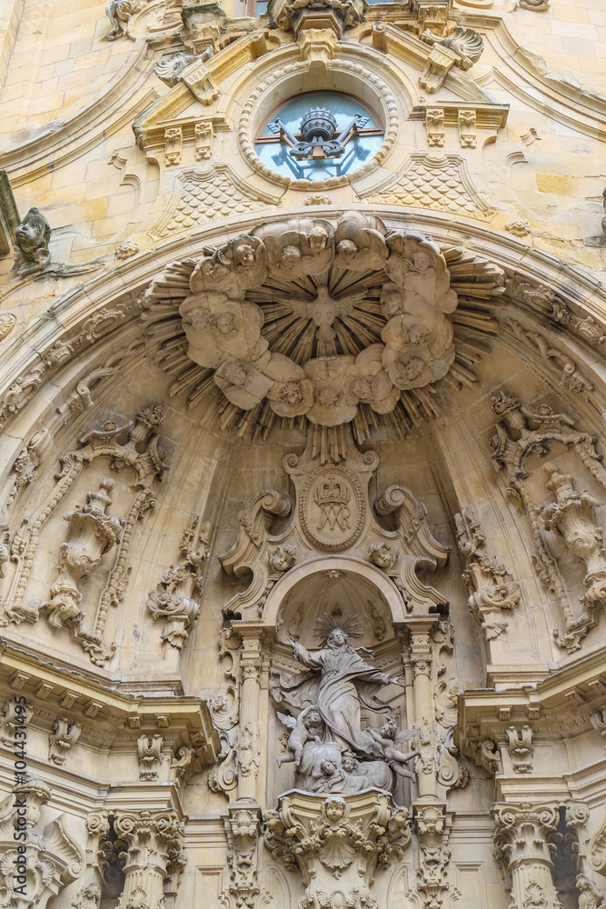 Architectural details, sculptures and ornaments of the  Basilica of Santa Maria del Coro in San Sebastian (Donostia), Basque Country, Spain