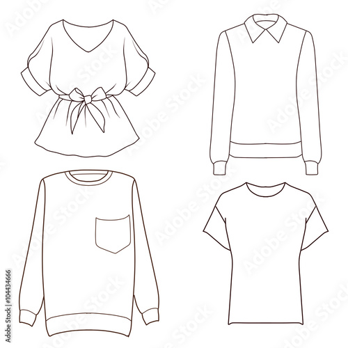 Set of four different tops - sweaters, t shirt, blouse - Flat fashion Sketch template