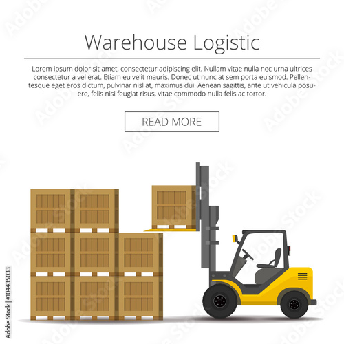 Warehouse logistic. forklift picks up a box. background flat illustration. 