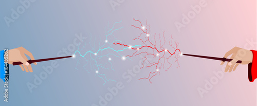 Duel magicians. Magic stick in hand. Magic lightning. Rose quartz and serenity violet background. Vector illustration.