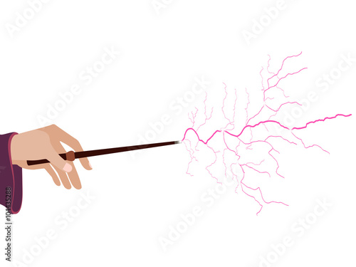 Magic wand. Hand holding a wand on a white background. Lightning spell. Vector illustration.