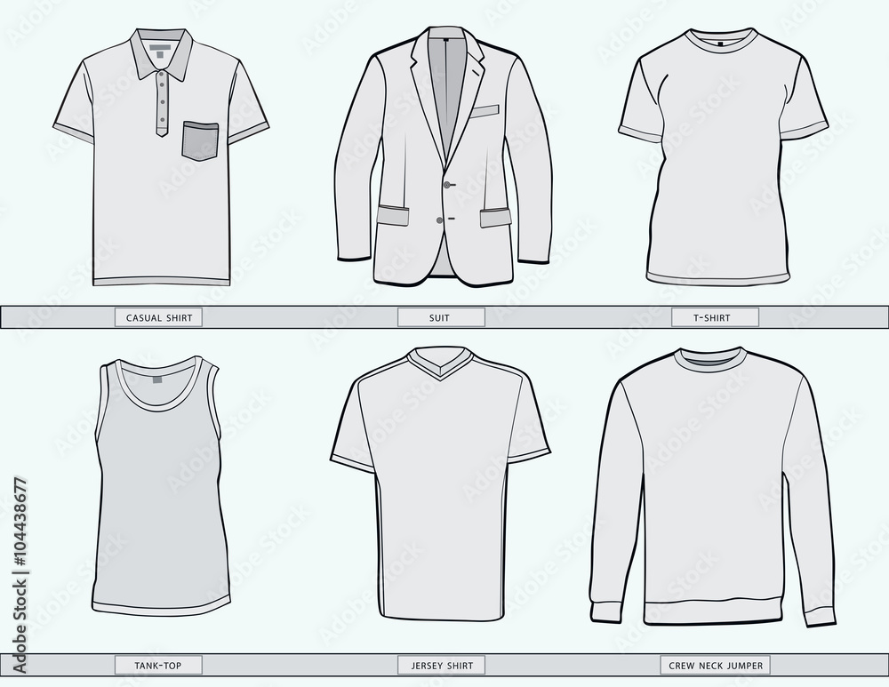 Mens clothing templates of t shirt, jumper,tank top,suit and polo shirt.  Stock Vector