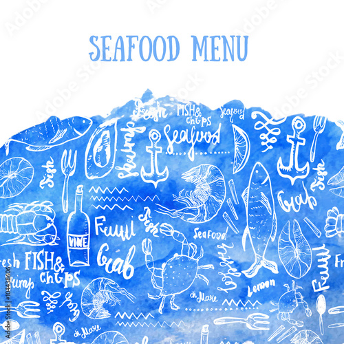 Vector seafood background. Vector seafood background on blue watercolor in modern style for menu design, wrapping, banners