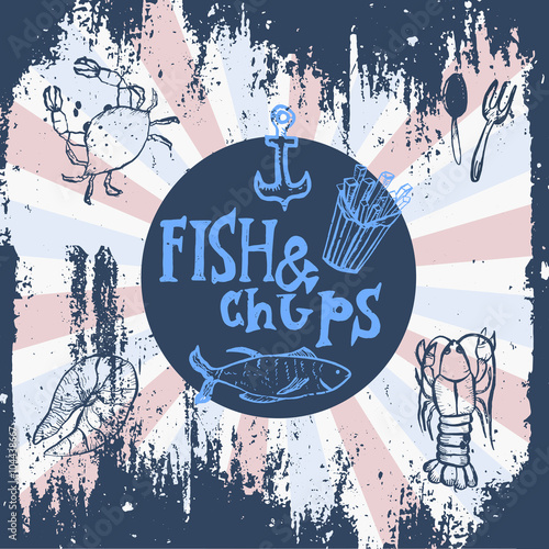 Fish restaurant. Fish & chips poster. Menu for fish restaurant or bar with a picture of the fish on a blackboard. Simple drawn sketch in vector format.