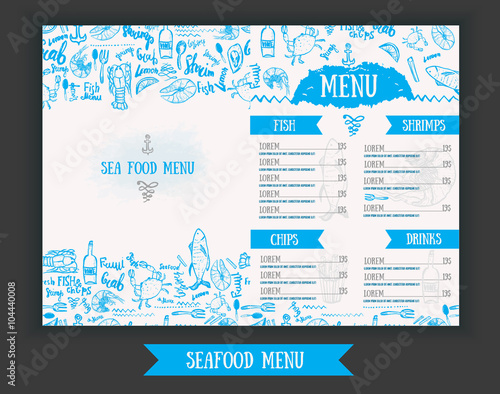 Vector modern seafood menu design. Hand drawn seafood menu. Great for seafood menu flyer, card, seafood menu business promotion.
