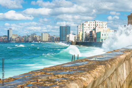 The Havana skyline with big waves on the sea © kmiragaya