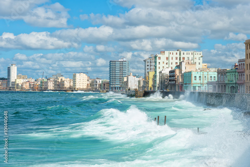 The Havana skyline with big waves on the sea