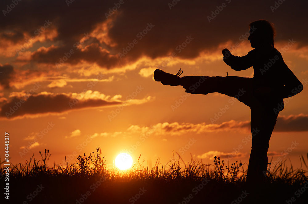 Man practicing karate on the grassy horizon at sunset. Karate kick leg. Art of self-defense. Silhouette on a background of dramatic clouds at sunset.
