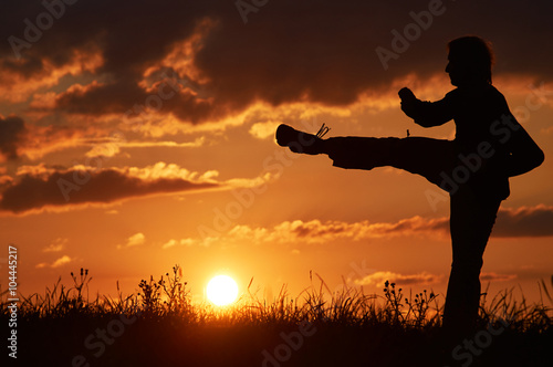 Obraz na płótnie Man practicing karate on the grassy horizon at sunset. Karate kick leg. Art of self-defense. Silhouette on a background of dramatic clouds at sunset. w salonie