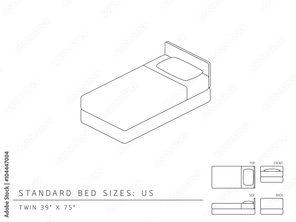 Standard bed sizes of us (United States of America) Twin size 39 x 75