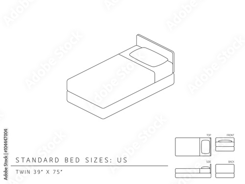 Standard bed sizes of us (United States of America) Twin size 39 x 75 inches perspective 3d isometric with dimension top front side and back view illustration outline set black and white color