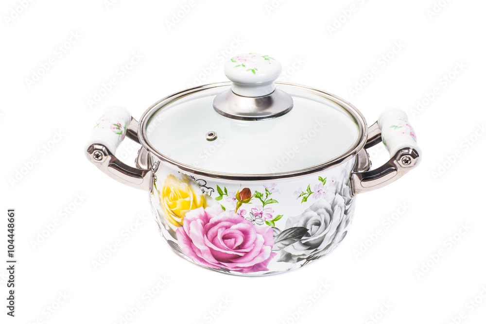 White pot with colorful roses isolated on white background White pot with colorful roses isolated on white background
