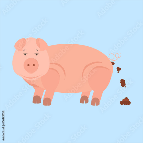 Pig shitting. Pig pooping. Isolated. Blue background.