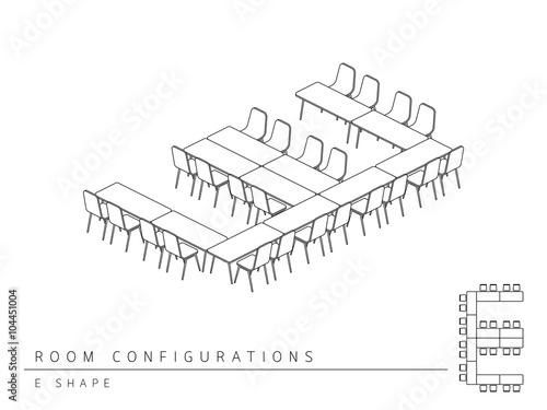 Meeting room setup layout configuration E Shape isometric style, perspective 3d with top view illustration outline black and white color