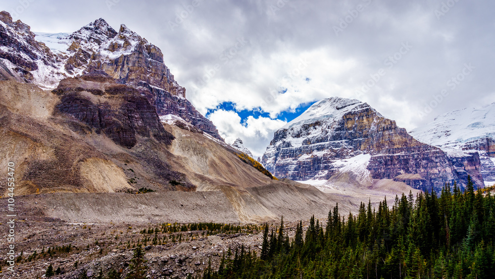 Rugged mountain peaks of The Mitre and Mount Aberdeen surrounding the Hiking Trail to the Plain of Six Glaciers in Banff National Park in the Canadian part of the Rocky Mountains Rugged mountain peaks of The Mitre and Mount Aberdeen surrounding the Hiking Trail to the Plain of Six Glaciers in Banff National Park in the Canadian part of the Rocky Mountains