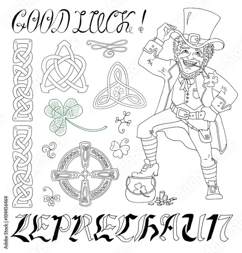 Doodle vector set with Leprechauns and celtic patterns