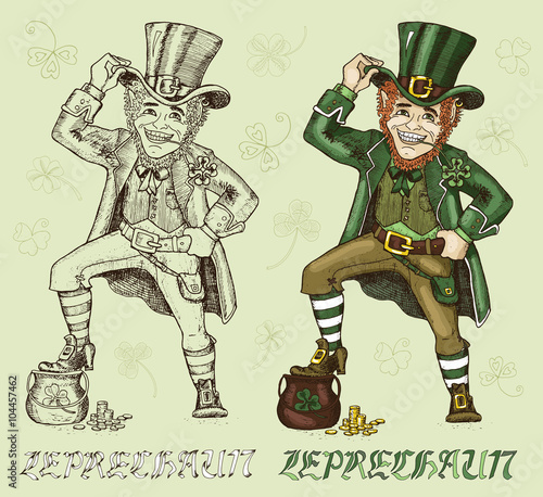 Hand drawn vector Leprechauns and clover