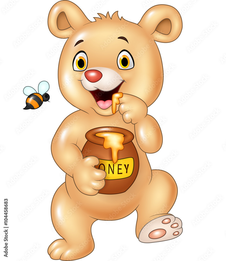 Fototapeta premium Cute baby bear holding honey pot isolated on white background
