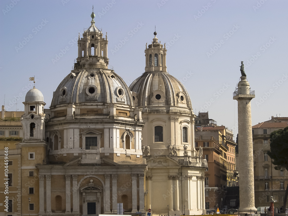 View of the two domes of the Church of Santa Maria di Loreto and Colonne Trajane. Rome, Italy.