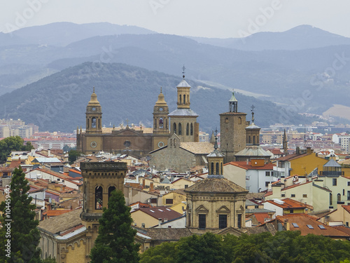 Panoramic view of Pamplona on the background of mountains. Navarra, Spain.
