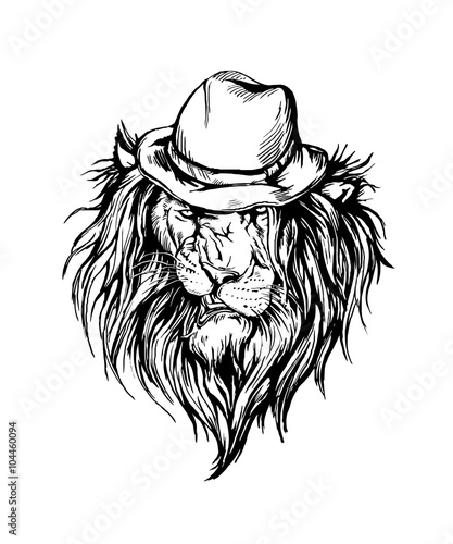 Fototapeta Naklejka Na Ścianę i Meble -  Vector hand drawn realistic lion in hat character.