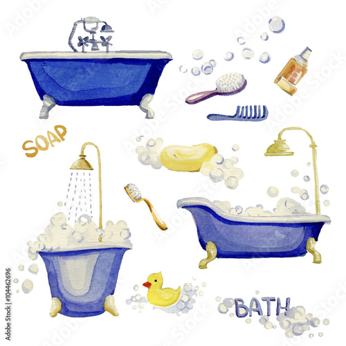 Set of elements of an interior bathroom. Watercolor illustration.