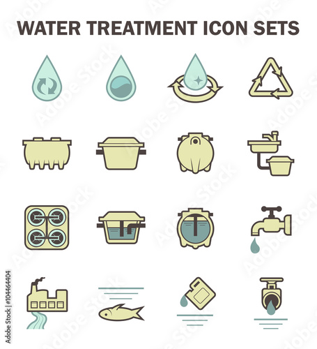 Water treatment plant and wastewater or waste water and septic tank vector icon set. That removes sewage and grease from water to improves the quality of water appropriate for drinking and supply use.