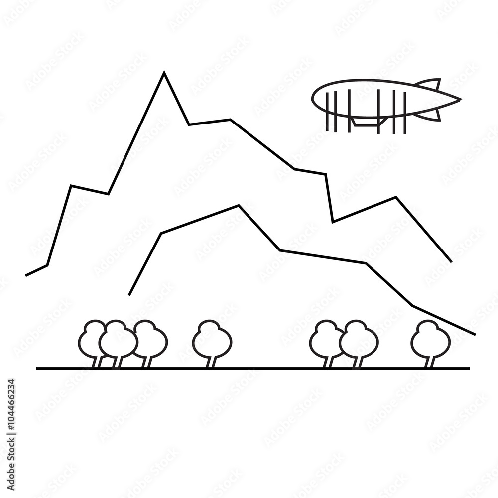 Image of outline aerostat, trees, mountain Image of outline aerostat, trees, mountain