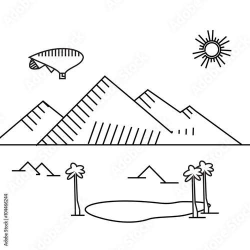 Image of outline aerostat, trees, mountain