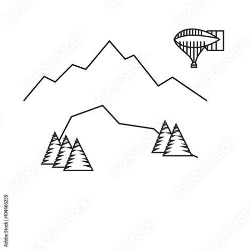 Image of outline aerostat, trees, mountain