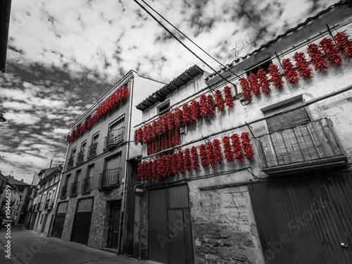 Characteristic image of the facades of houses with piquillo peppers drying in the sun in Lodosa, Navarra, Spain photo
