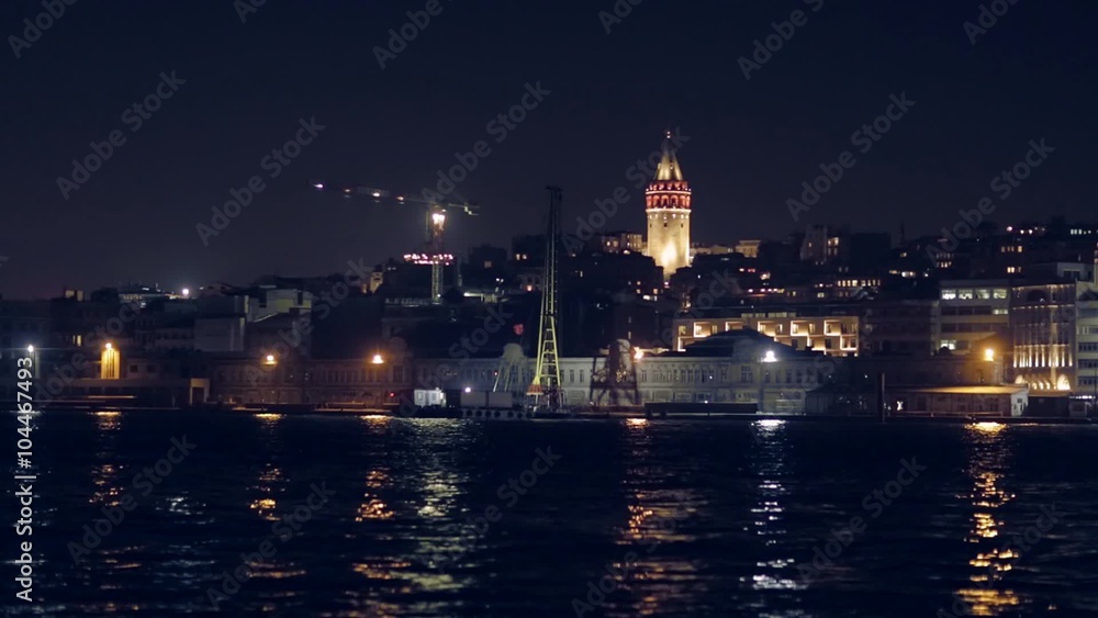 Night view of Galata Tower from Bosphorus in Istanbul Turkey shot from a boat Night view of Galata Tower from Bosphorus in Istanbul Turkey shot from a boat