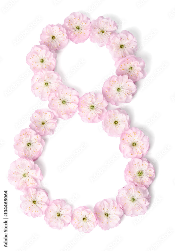 pink flowers in shape of number eight on white background pink flowers in shape of number eight on white background