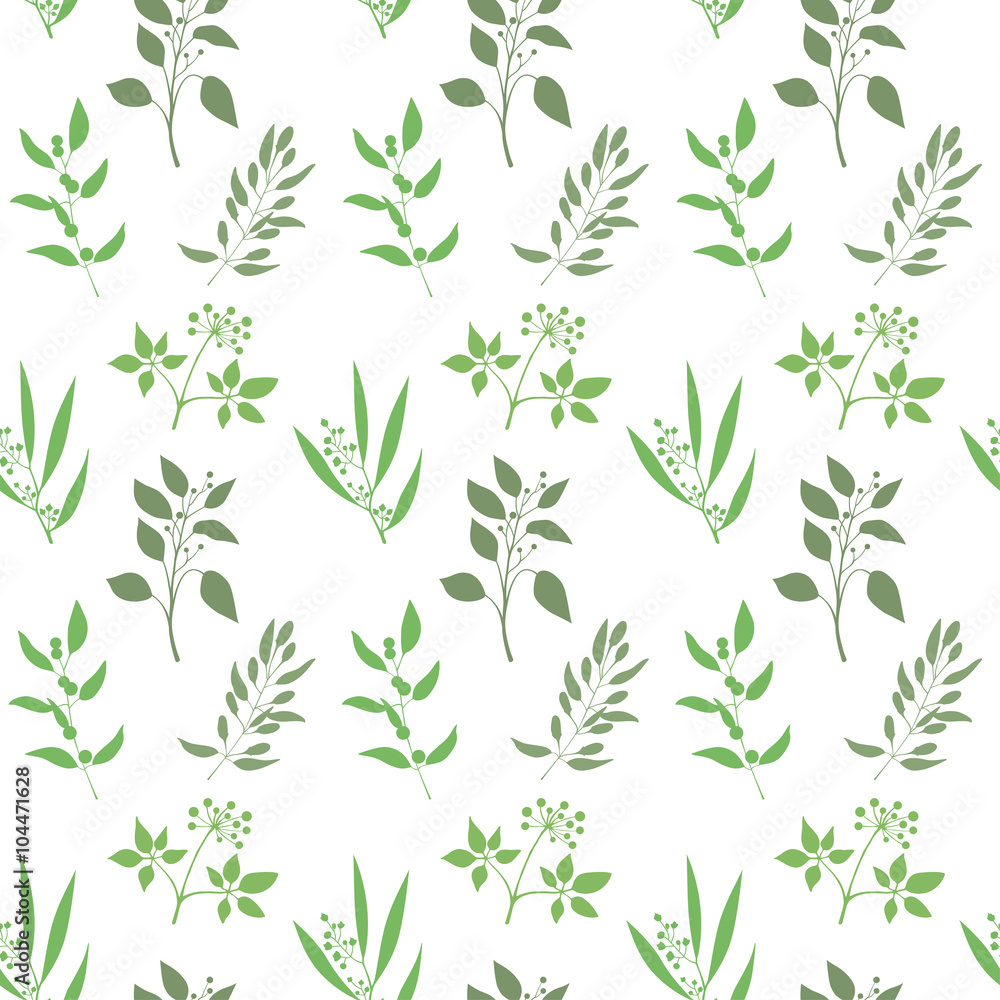Seamless plant background. Endless pattern with green twigs and leaves silhouette. Vector illustration on white background Seamless plant background. Endless pattern with green twigs and leaves silhouette. Vector illustration on white background