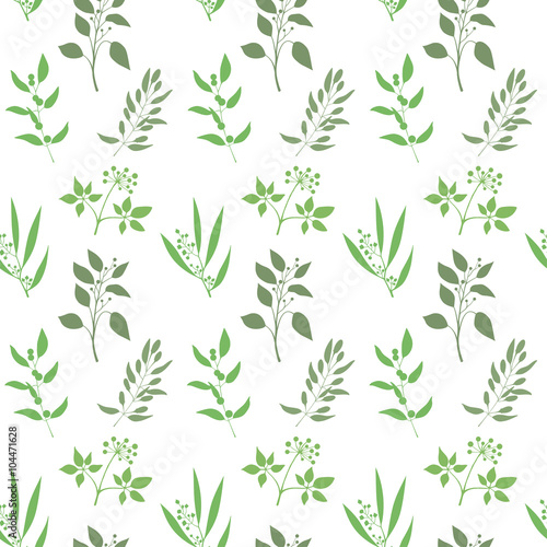 Seamless plant background. Endless pattern with green twigs and leaves silhouette. Vector illustration on white background