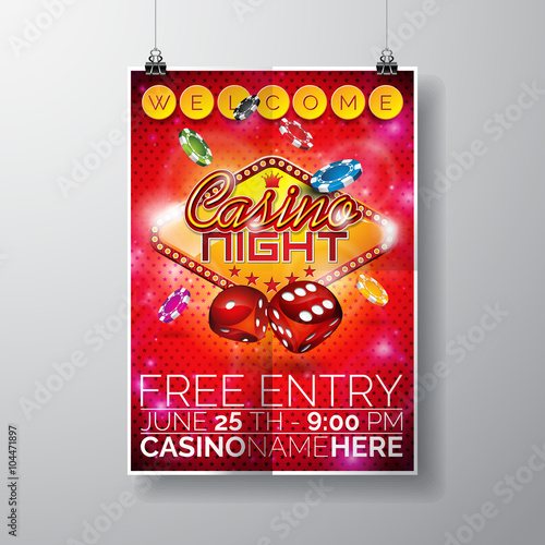 Vector Party Flyer design on a Casino theme with chips and dices on red background