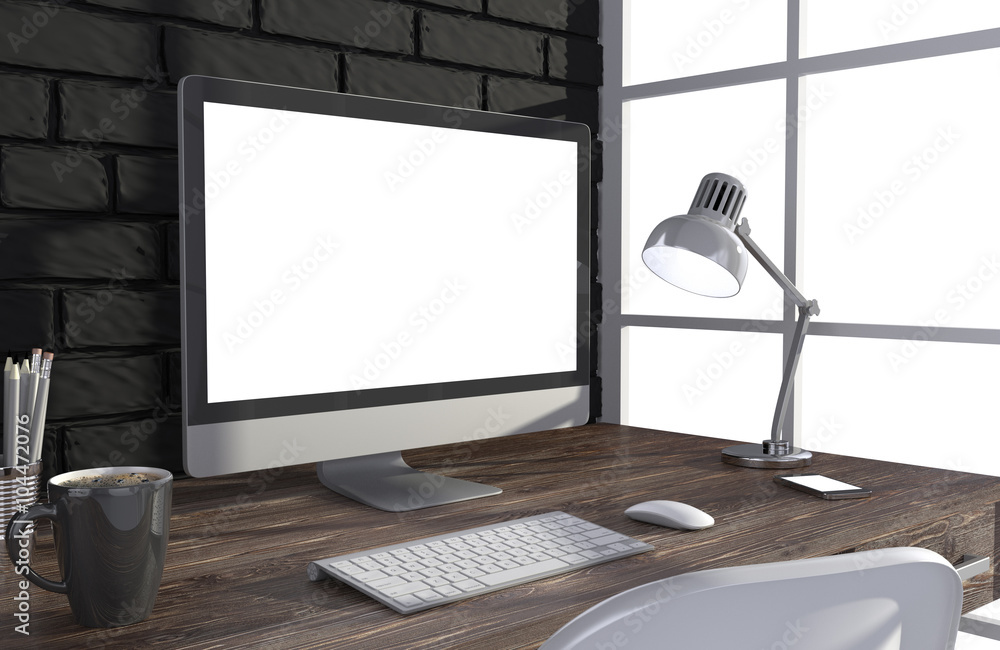 Fototapeta premium 3D illustration PC screen on table in office, Workspace
