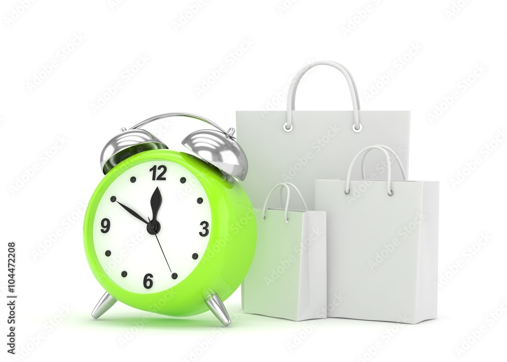 alarm clock and shopping bag (time to buy concept) alarm clock and shopping bag (time to buy concept)