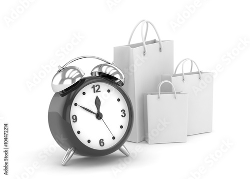 alarm clock and shopping bag (time to buy concept)